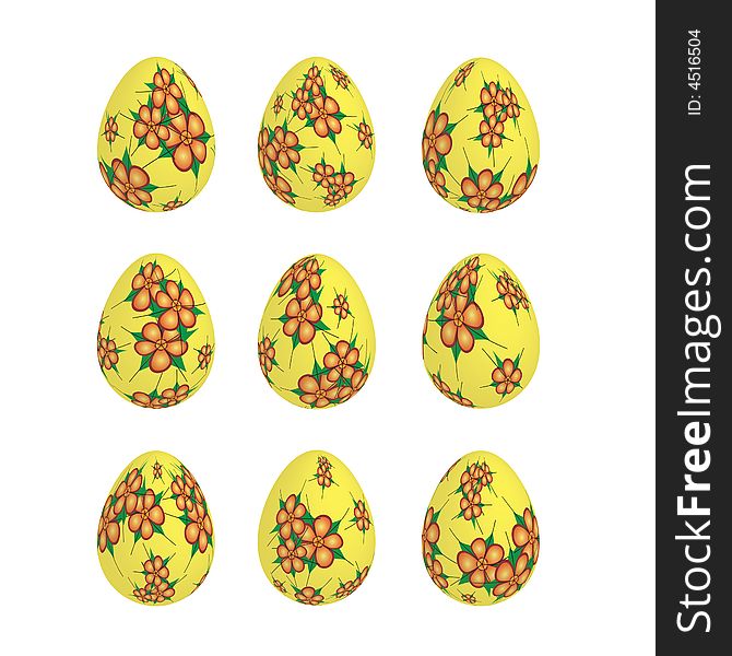 Digital creation of an nine golden easter egg decorated with floral motifs.