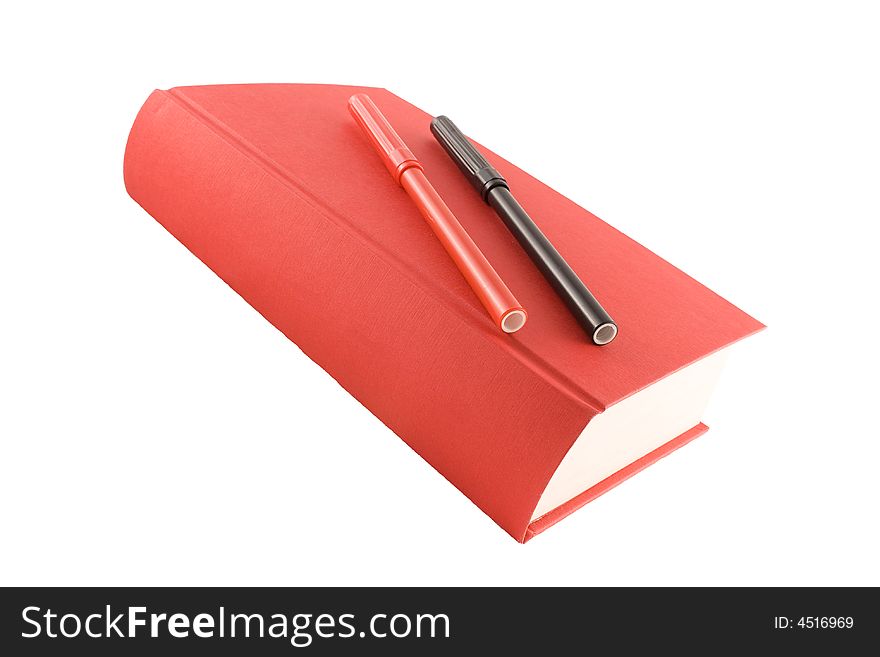 Red book and markers isolated on a white background. Red book and markers isolated on a white background