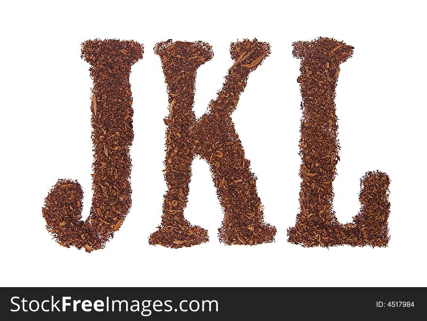 Tobacco letters JKL, white background isolated