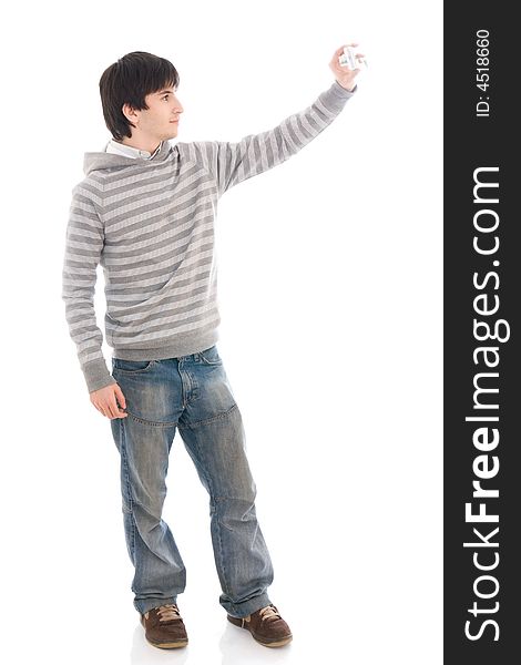 The young guy with the camera isolated on a white background