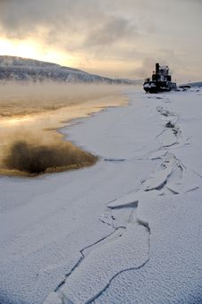 Northern, Siberian River In The Winter. Royalty Free Stock Images