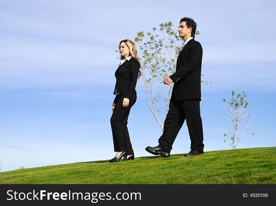 Portrait of a confident and successful business team posing outdoors in a green field