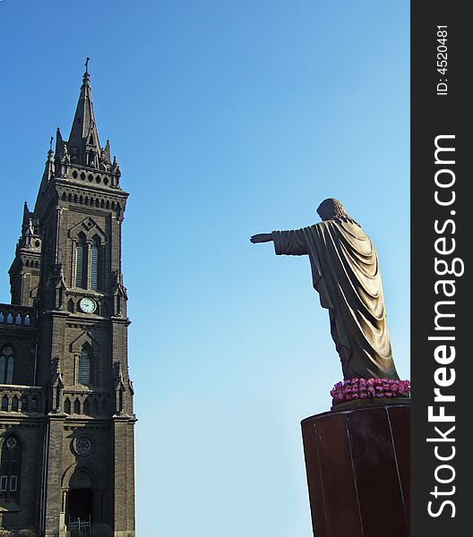 A tower and a Christ statue in a church, Shenyang City, China