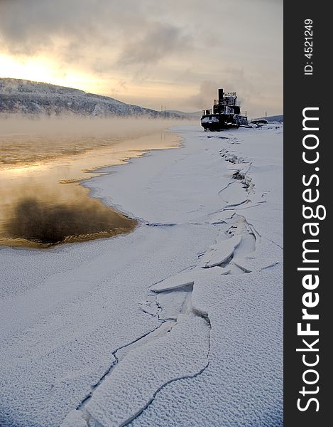 Northern, Siberian River In The Winter.