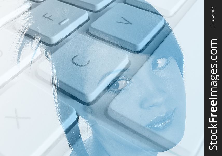 Young attractive female overlaid onto laptop keyboard. Young attractive female overlaid onto laptop keyboard