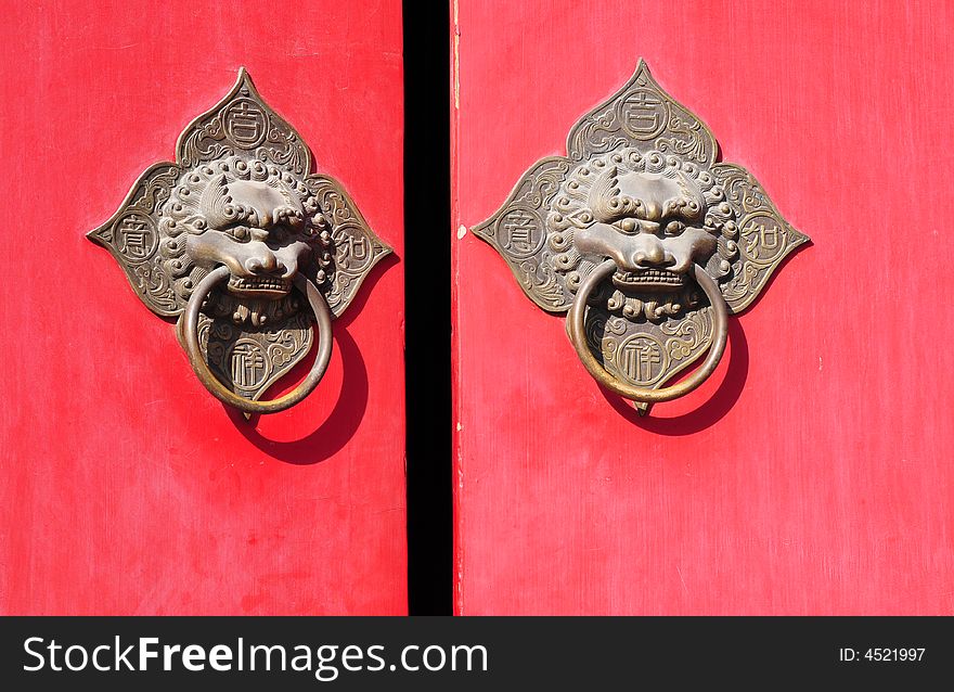 Traditional red door, ancient building