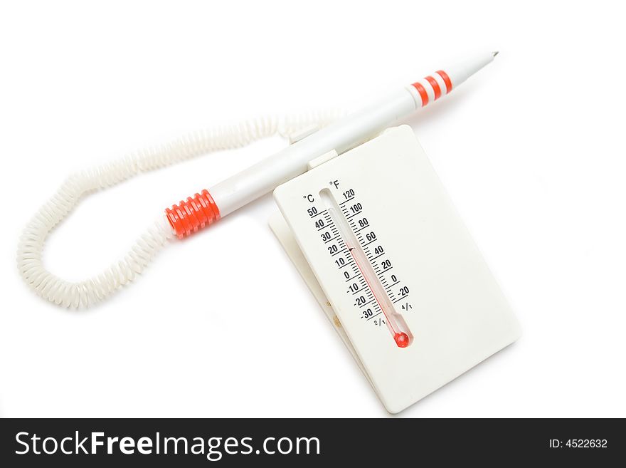Pencil and thermometer on the white isolated background