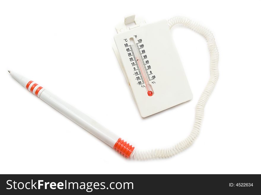 Pencil and thermometer on the white isolated background