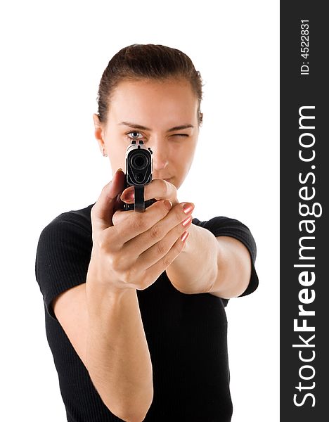 Girl with gun. It is isolated on a white background.