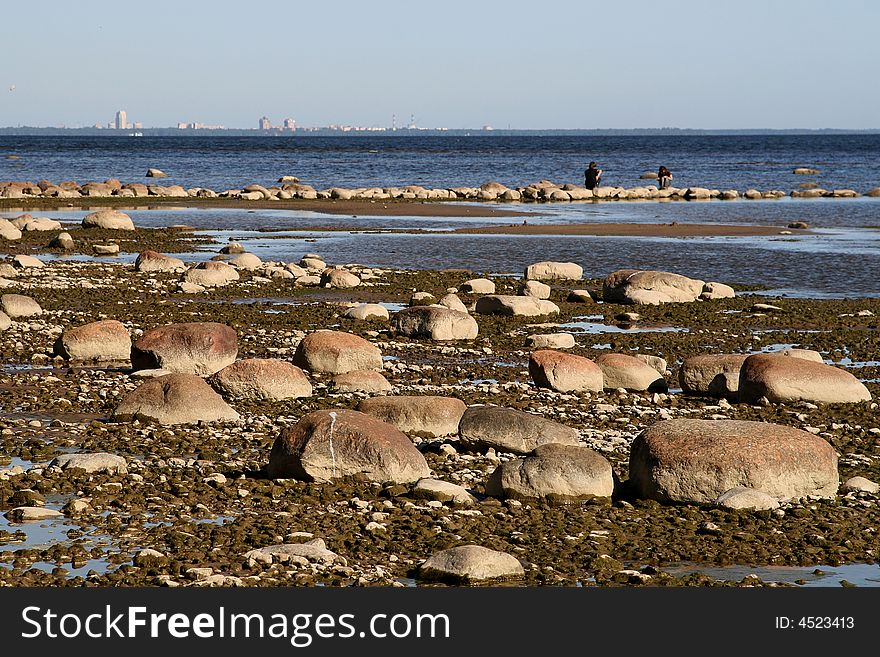 Greater round stones on seacoast after outflow of water. Greater round stones on seacoast after outflow of water