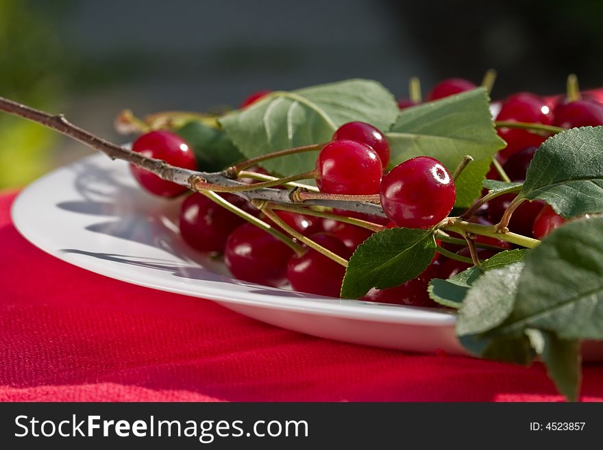 Food series: fresh ripe cherry in the plate