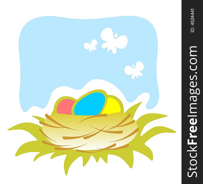 Ornate basket with easter eggs and butterflies on a blue background.