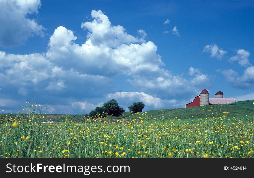 A farm sits ontop of a hill on a beautiful blue sky day. A farm sits ontop of a hill on a beautiful blue sky day