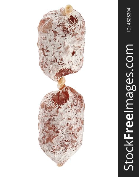 Food - sausage cocktail  Air-dried  mini salami, isolated on white, free-standing