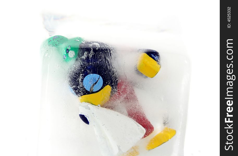 Frozen penguin with a cold in a block of ice