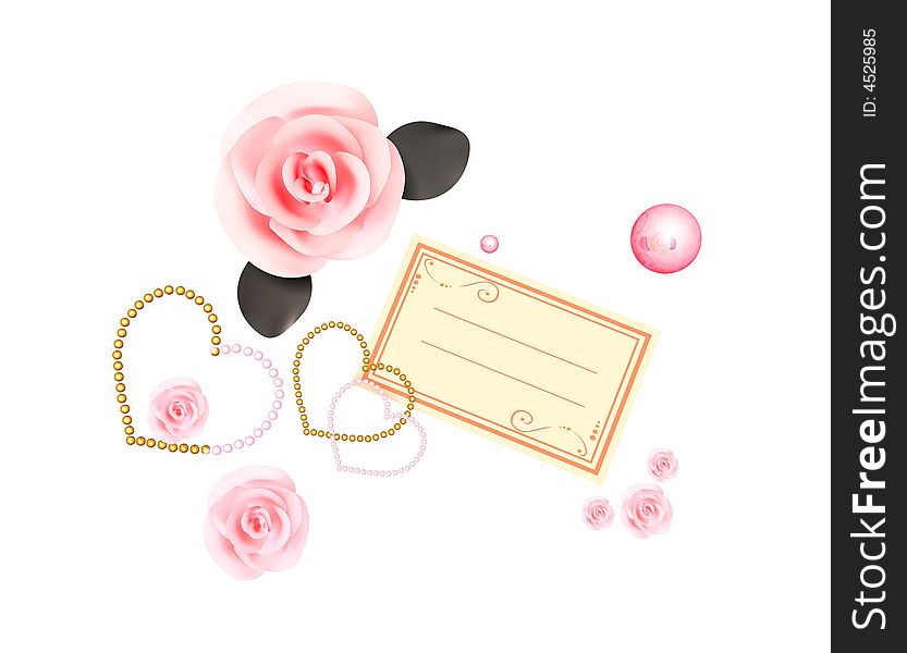 Pink roses , Pearl heart and Invitation card. Pink roses , Pearl heart and Invitation card
