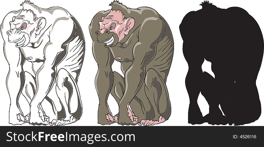 Big angry ape standing, including ape silhouette, and outline ape. Big angry ape standing, including ape silhouette, and outline ape.