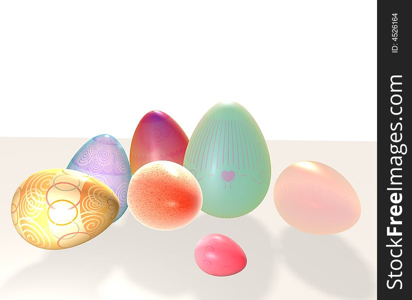 Seven colorful Easter eggs displayed