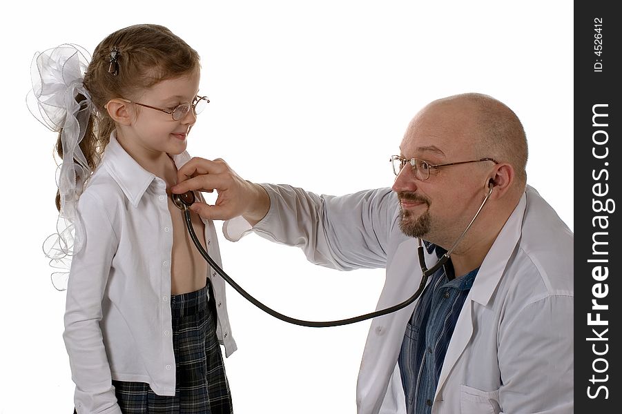 The doctor listens heartbeat the small patient. Isolated on white background. The doctor listens heartbeat the small patient. Isolated on white background.