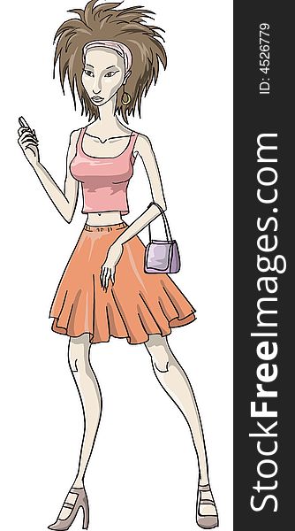 Young woman with pink shirt and orange dress holding a purse and a cellphone. Young woman with pink shirt and orange dress holding a purse and a cellphone