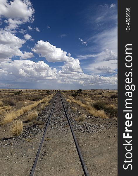 Railroadtrack in namibia through the desert to the coastal town walvisbaiy
