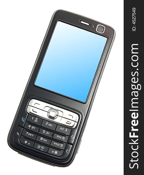 A photo of a black cell phone isolated on white. A photo of a black cell phone isolated on white.