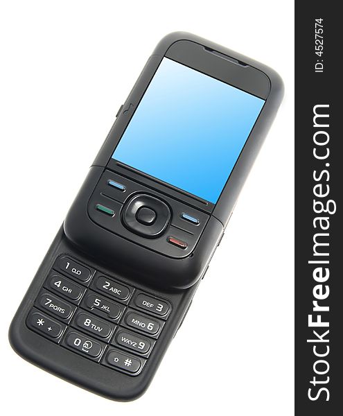 A photo of a black cell phone isolated on white. A photo of a black cell phone isolated on white.