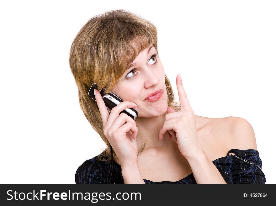 Beautiful girl stopped thinking while talking by phone. Beautiful girl stopped thinking while talking by phone