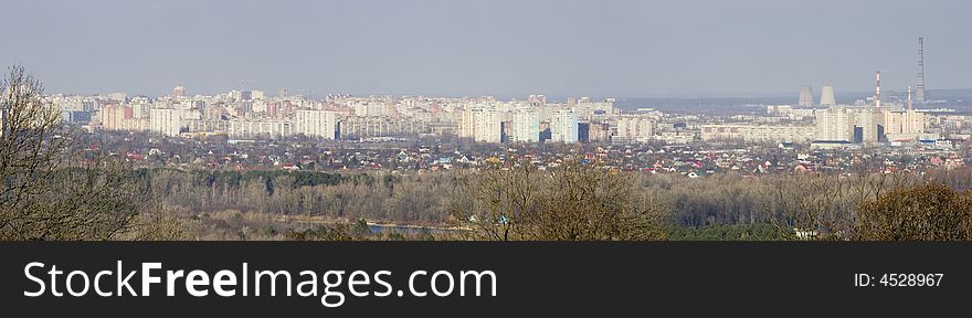 Large panoramic view of modern buildings on the left bank of Dnieper river in Kyiv, the capital of Ukraine. Large panoramic view of modern buildings on the left bank of Dnieper river in Kyiv, the capital of Ukraine