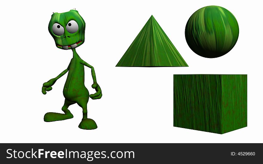 Textured cartoon alien with 3 props for design purposes. Textured cartoon alien with 3 props for design purposes