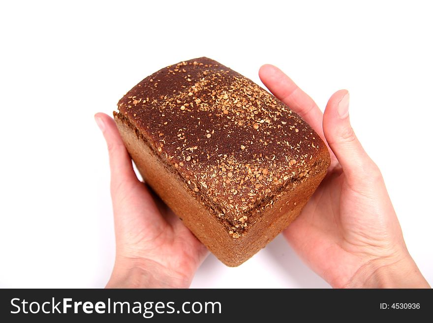Hand with bread. White background. Hand with bread. White background.