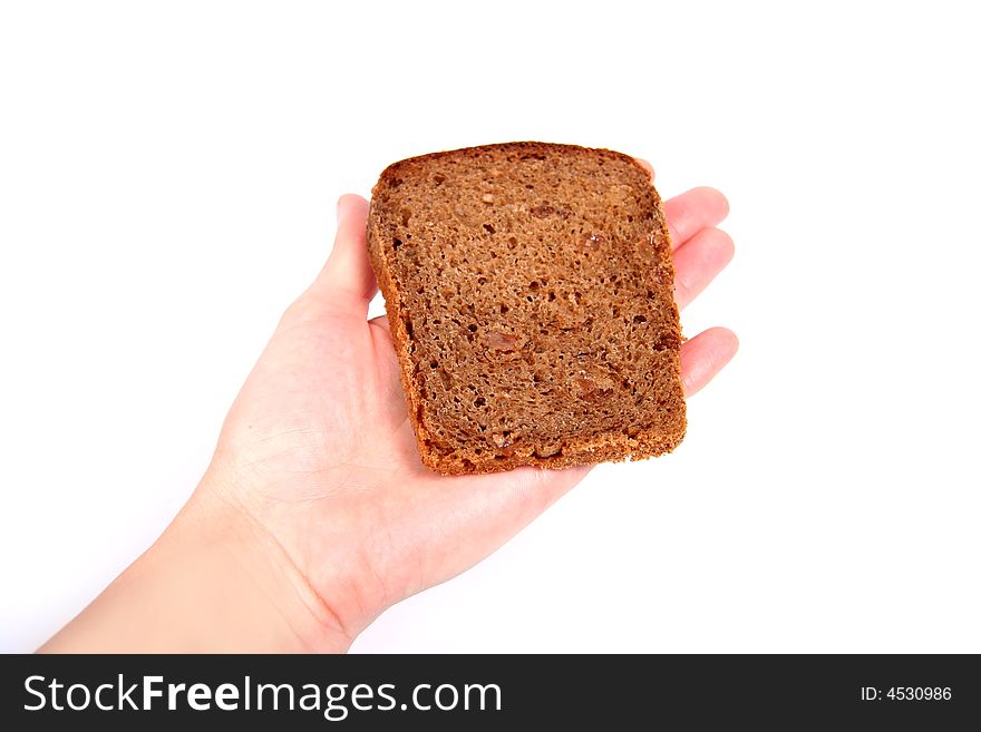Hand with bread. White background.