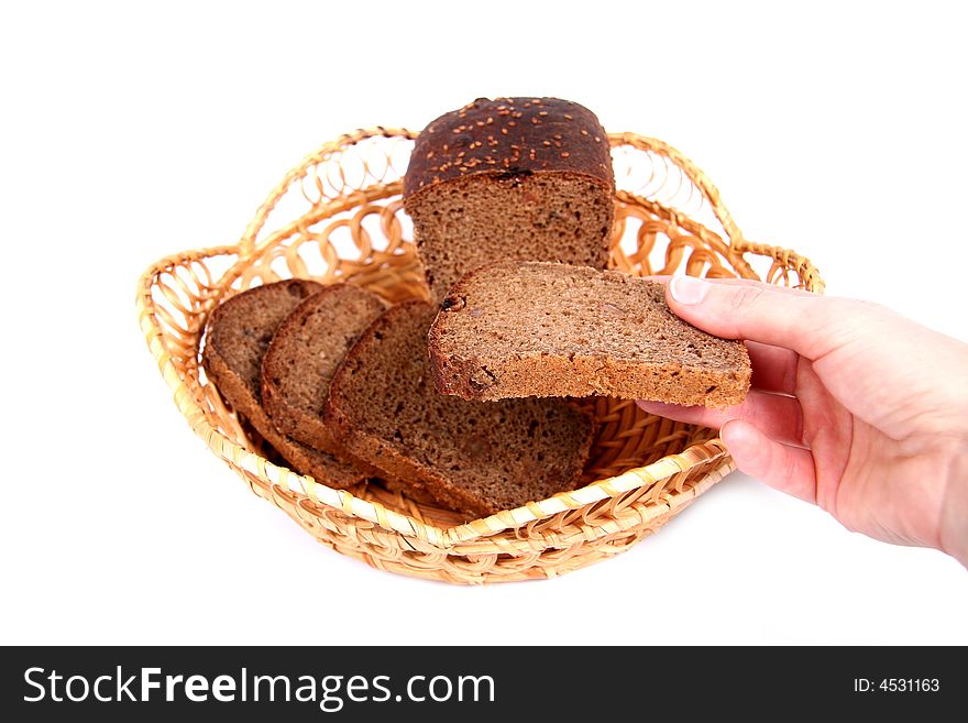Hand with bread. White background. Hand with bread. White background.