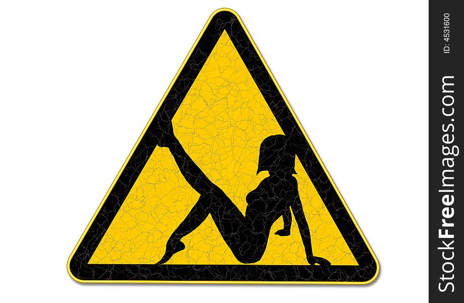 Old damaged danger sign with posing female. Old damaged danger sign with posing female