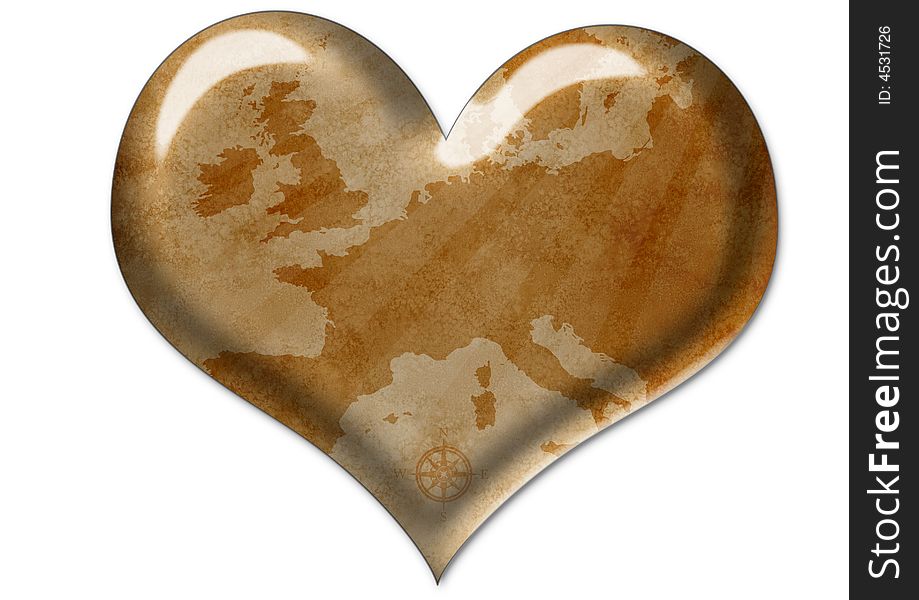 Old grunge map in isolated heart. Old grunge map in isolated heart