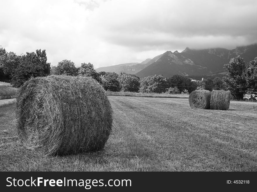 Rolled-up haystacks in a field with a cloudy sky above, central Apennines in Le Marche, Italy. Rolled-up haystacks in a field with a cloudy sky above, central Apennines in Le Marche, Italy