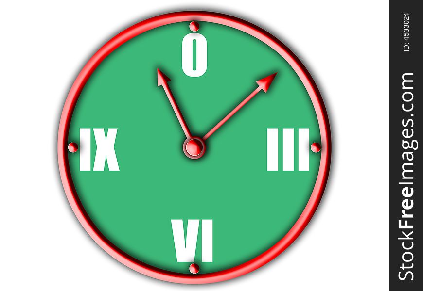 Red hours with a green dial on a white background. Red hours with a green dial on a white background
