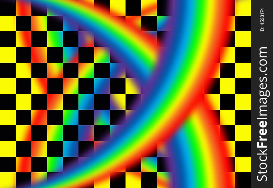 Rainbow on a background of black-and-yellow squares. Rainbow on a background of black-and-yellow squares