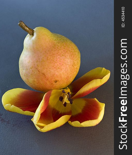 Yellow pear on the blue background. Yellow pear on the blue background