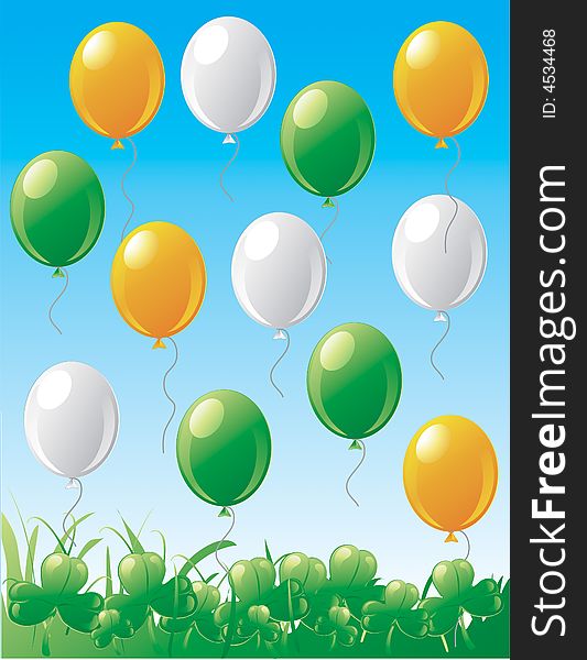 Illustration of St.Patrick's Day balloons and clovers with a blue sky. Illustration of St.Patrick's Day balloons and clovers with a blue sky