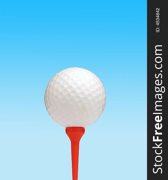 Golf ball on red tee against simulated sky background. Golf ball on red tee against simulated sky background