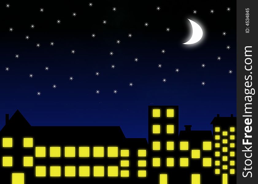 Silhouette of night city illustration