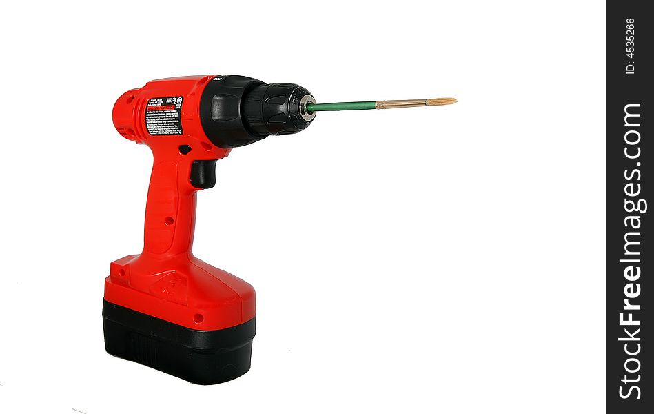 Red wireless drill with paintbrush bit. Red wireless drill with paintbrush bit