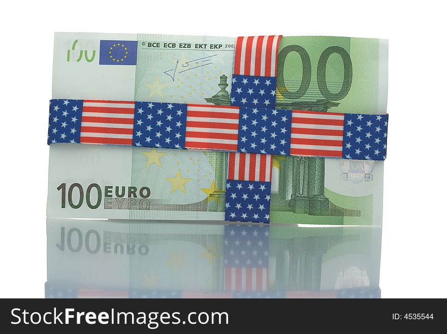 Hundred euro bill wrapped with US banner patterned tape. Hundred euro bill wrapped with US banner patterned tape