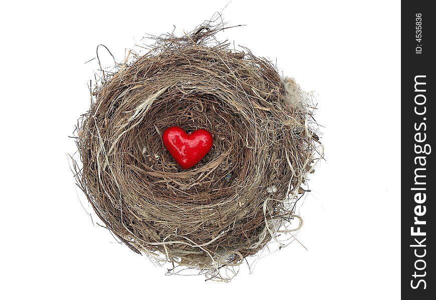 Red heart in bird's nest over white background