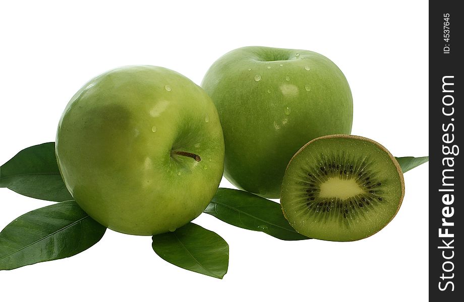 Two green apples and half of kiwi fruit on white