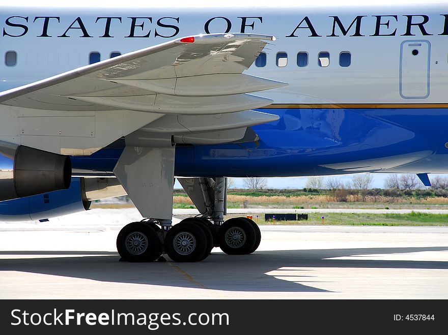 Detail of landing gear of Air Force 2 Boeing 757. Detail of landing gear of Air Force 2 Boeing 757