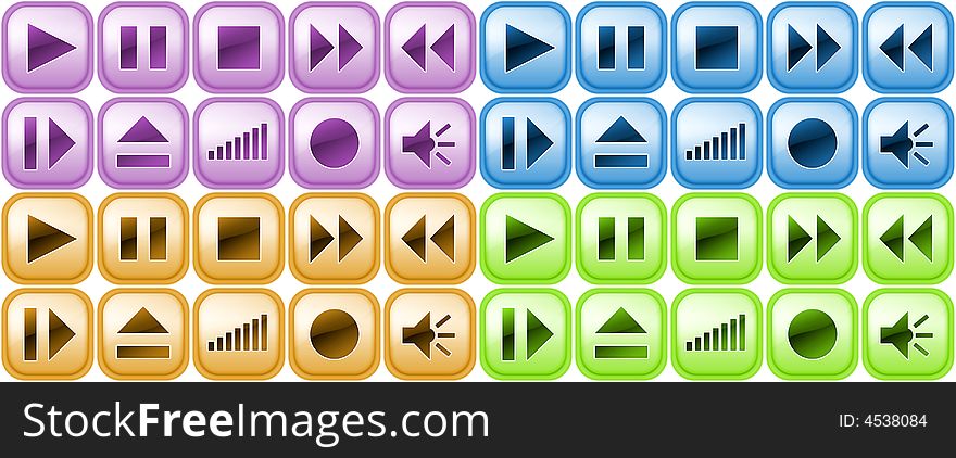 Set of buttons for music player in four colors