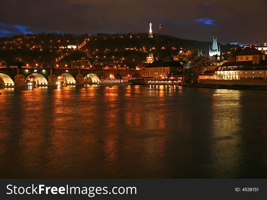 The famous Charles Bridge in Prague City at night