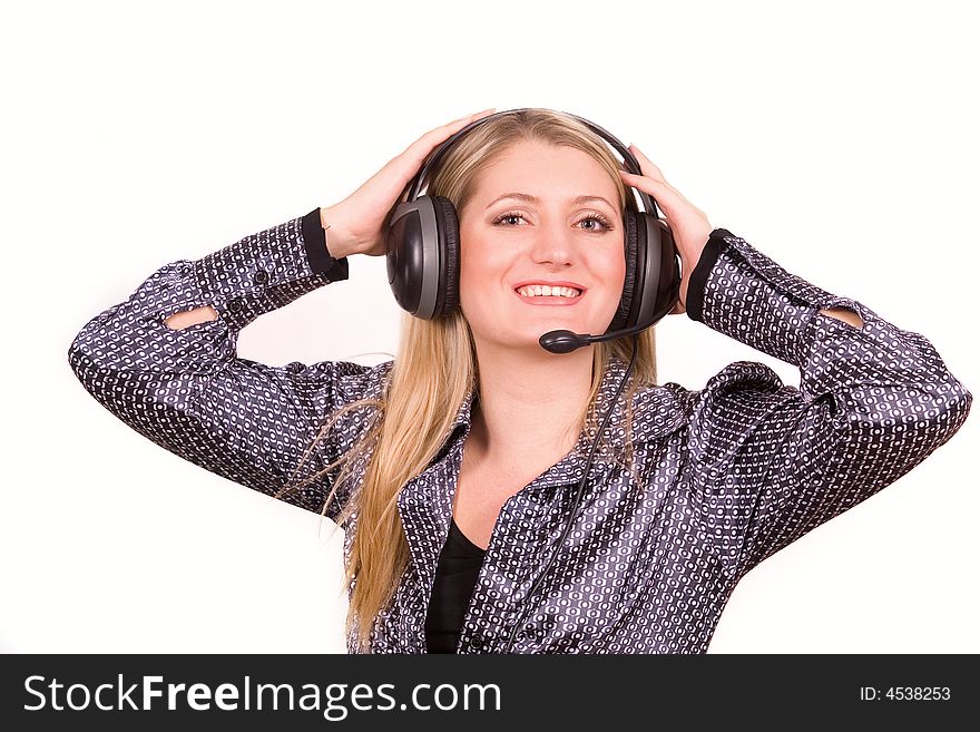 Pretty blond woman with headset isolated on white background